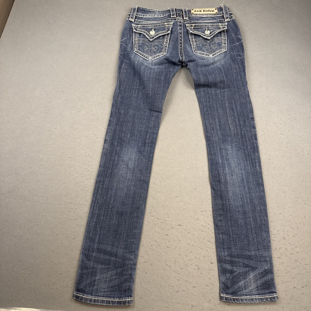 ROCK REVIVAL JEANS WOMENS 27/32 Celine SKINNY Studs Flap THICK STITCH WHISKERING - Picture 2 of 9